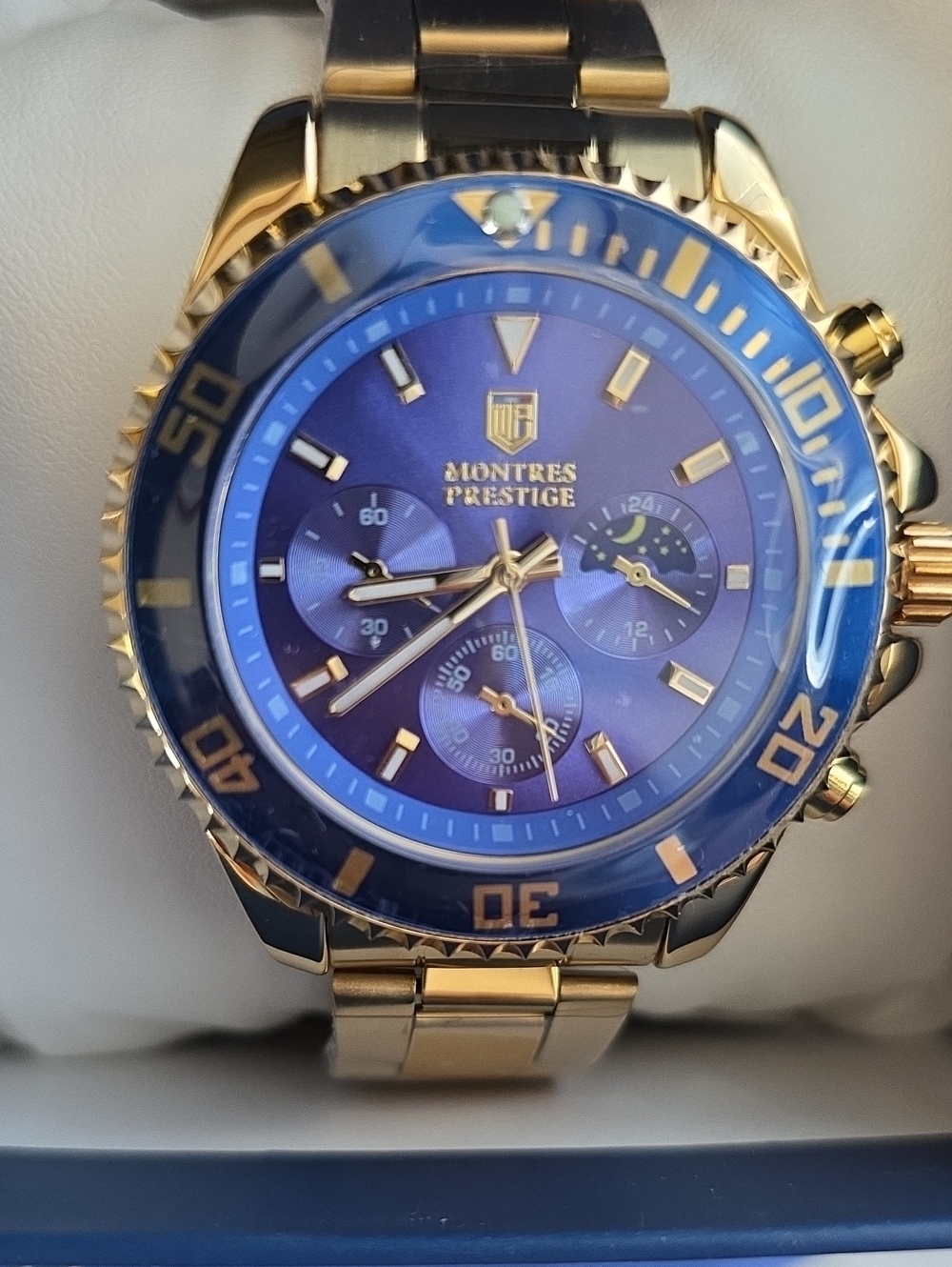 Montres Prestige Blue & Gold Chronograph Watch